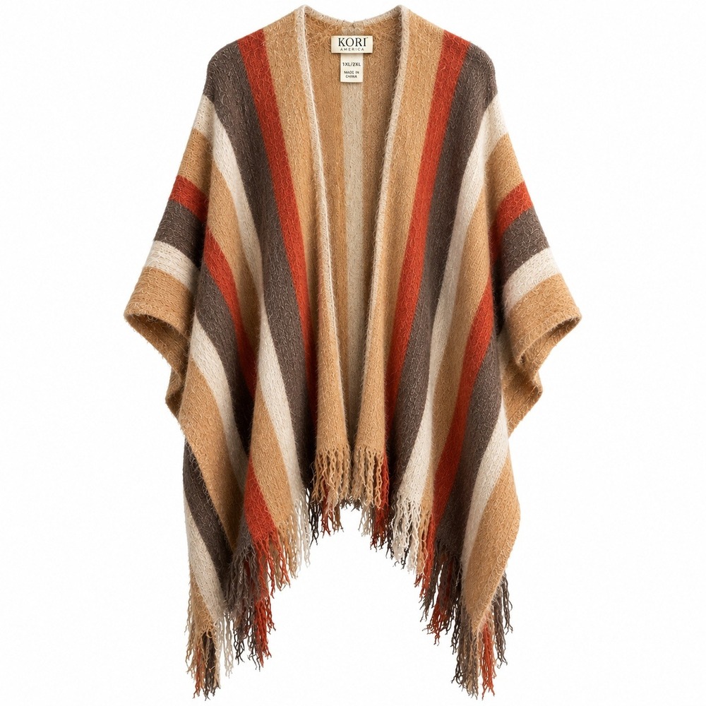 Kori Boho Western Striped Ruana Poncho 1X 2X Fringe Coastal Cowgirl Earthy Fall